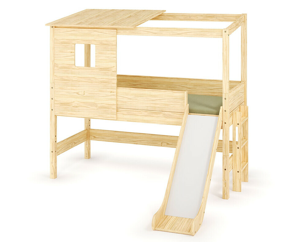 Lit cabane mi hauteur Combeebed bois avec toboggan + matelas -  vue de 3/4
