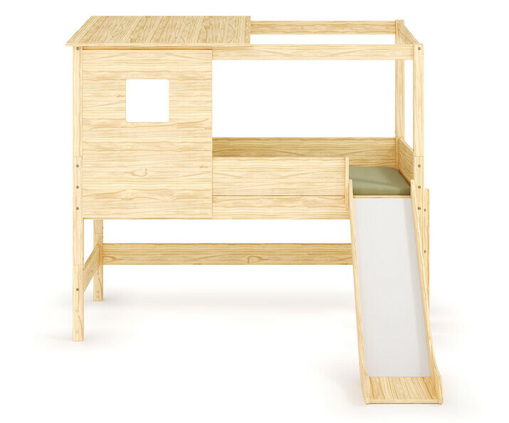 Lit cabane mi hauteur Combeebed bois avec toboggan + matelas - vue de face 