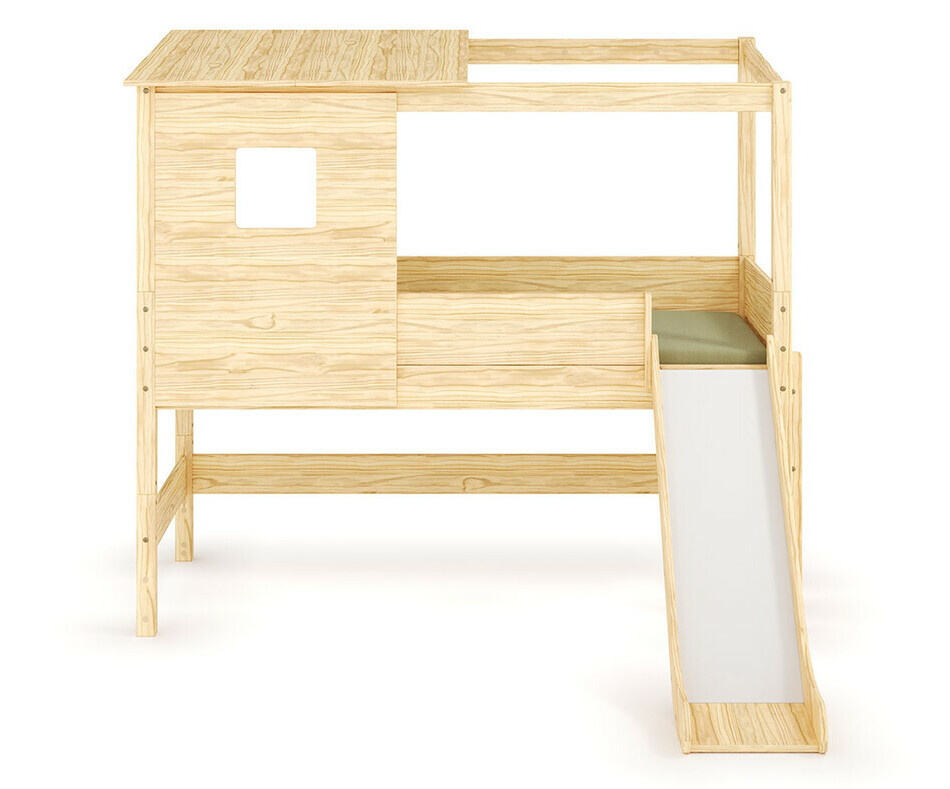 Lit cabane mi hauteur Combeebed bois avec toboggan + matelas - vue de face 