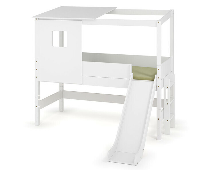 Lit cabane mi hauteur Combeebed blanc avec toboggan + matelas - vue de 3/4