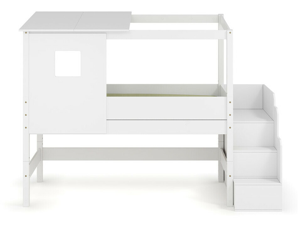 Lit cabane blanc mi hauteur avec escalier - vue de face