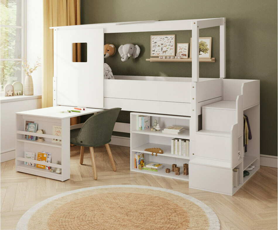 Lit cabane mi hauteur blanc + escalier + toit et porte haut + bureau + rangement tagre