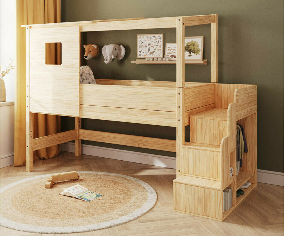 Lit cabane mi hauteur bois + escalier + toit et porte haut