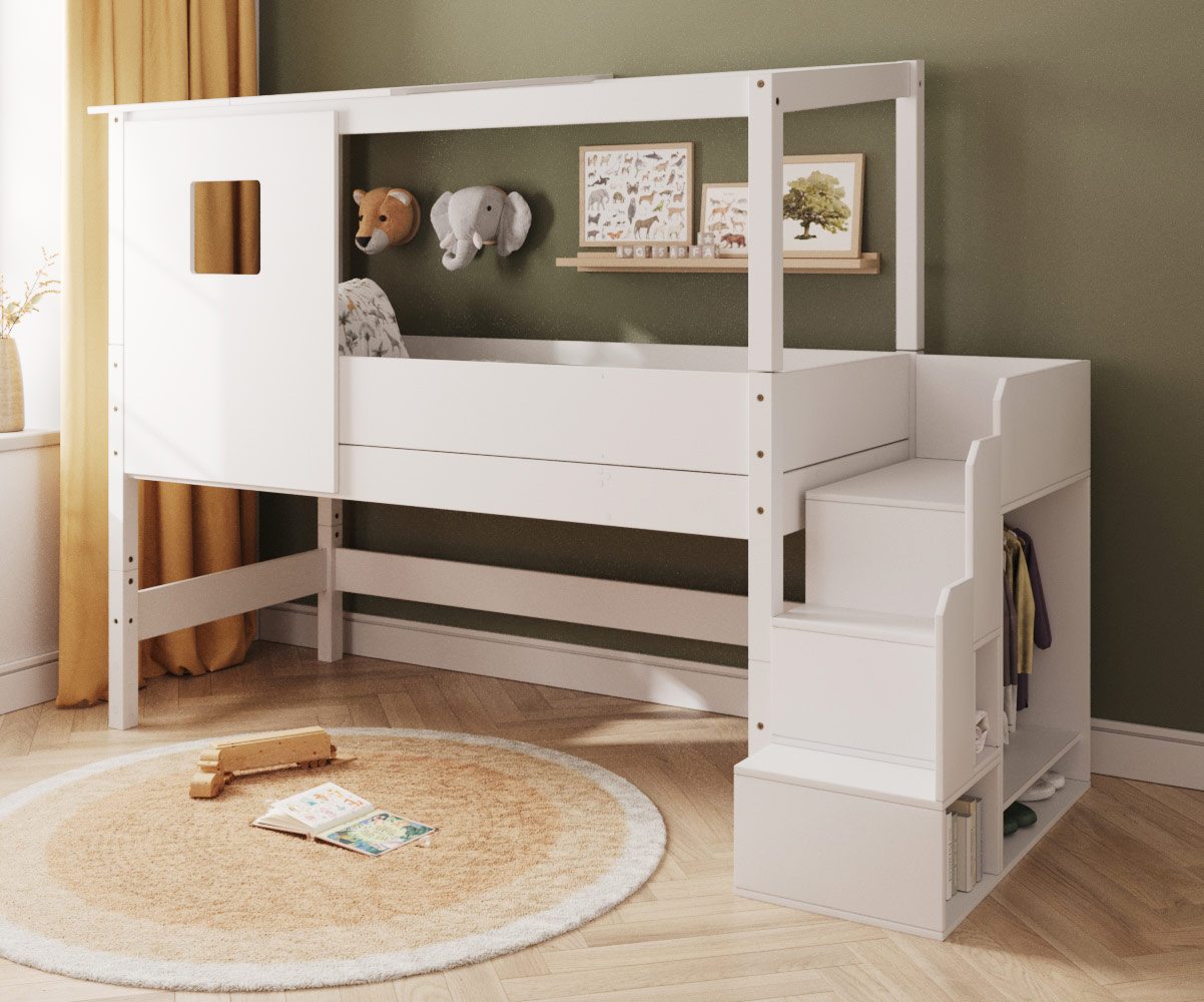 Lit cabane mi hauteur blanc + escalier + toit et porte haut + matelas