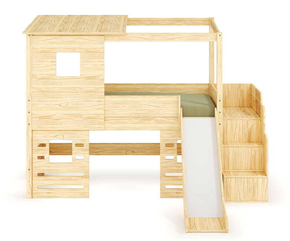 Kit complet cabane : lit mi hauteur bois + escalier + toboggan + fenetres basses vue de face