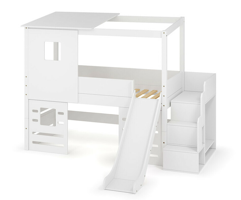 Kit complet cabane : lit mi hauteur blanc + escalier + toboggan + fenetres basses