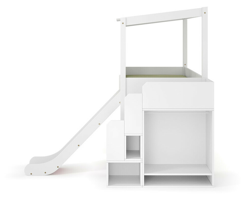 Kit complet cabane : lit mi hauteur blanc + escalier + toboggan + fenetres basses vue de profil