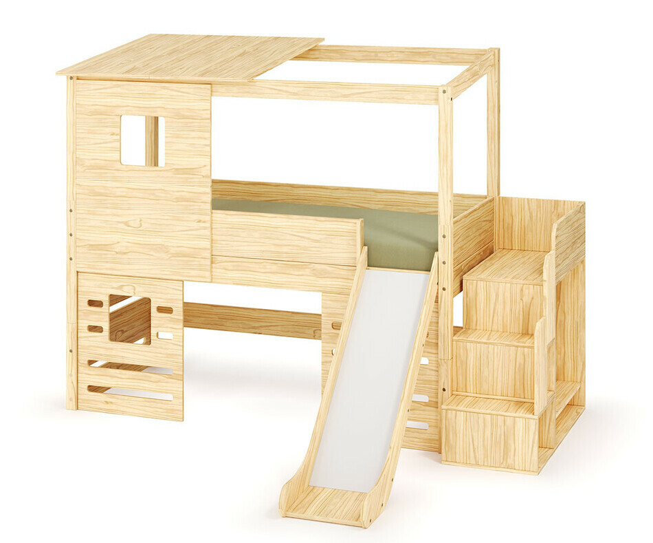 Kit complet cabane : lit mi hauteur bois + escalier + toboggan + fenetres basses Kit complet cabane : lit mi hauteur bois + escalier + toboggan + fenetres basses