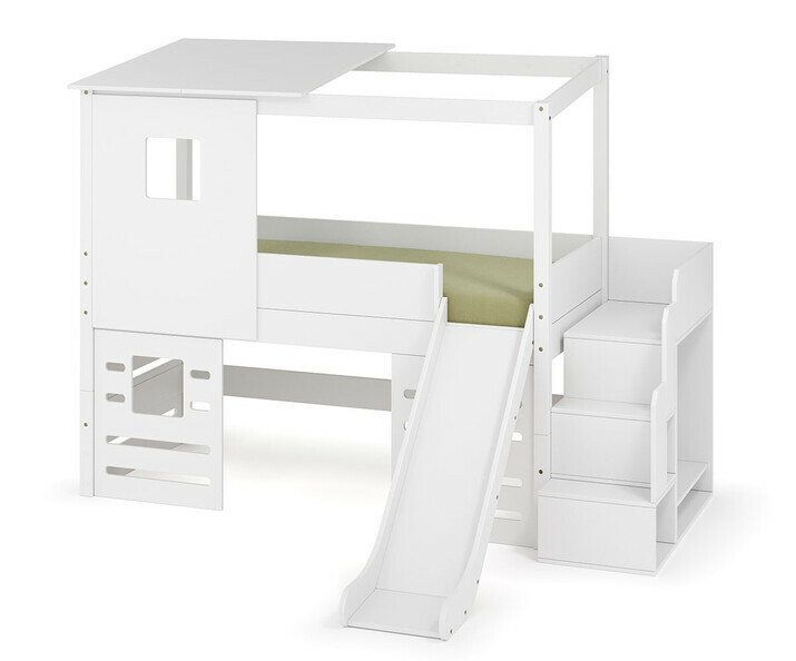 Kit complet cabane : lit mi hauteur blanc + escalier + toboggan + fenetres basses + matelas