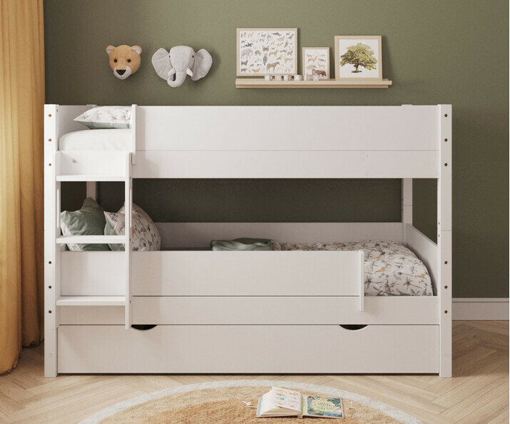 Lit superpos blanc echelle petit cot + tiroir + barrire