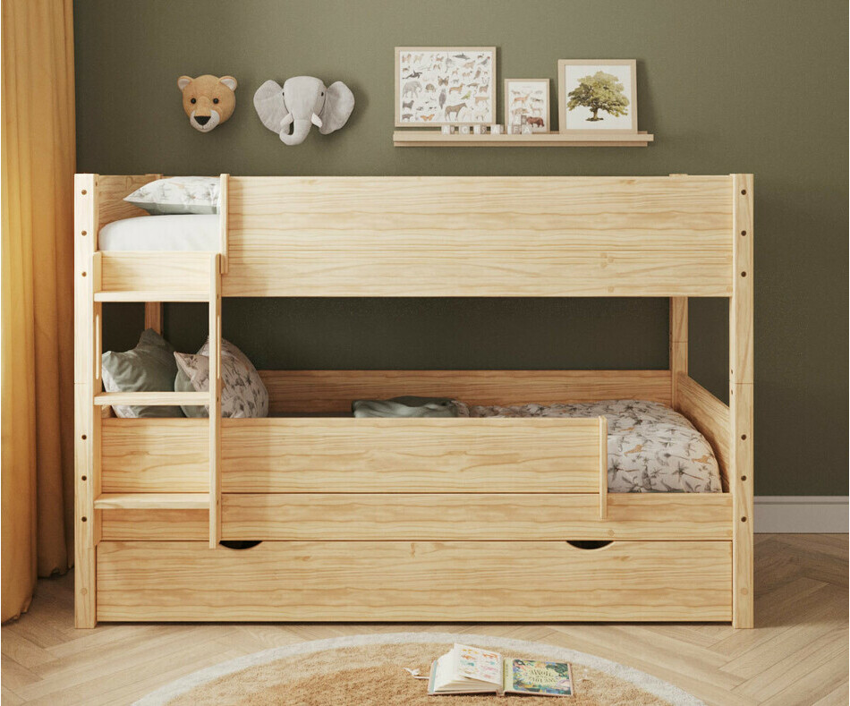 Lit superpos bois Combeebed bas avec echelle grand cot et tiroir + barriere