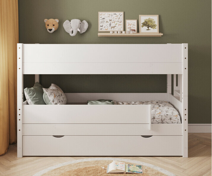 Lit superpos blanc Combeebed bas avec chelle petit cot et tiroir + barrire