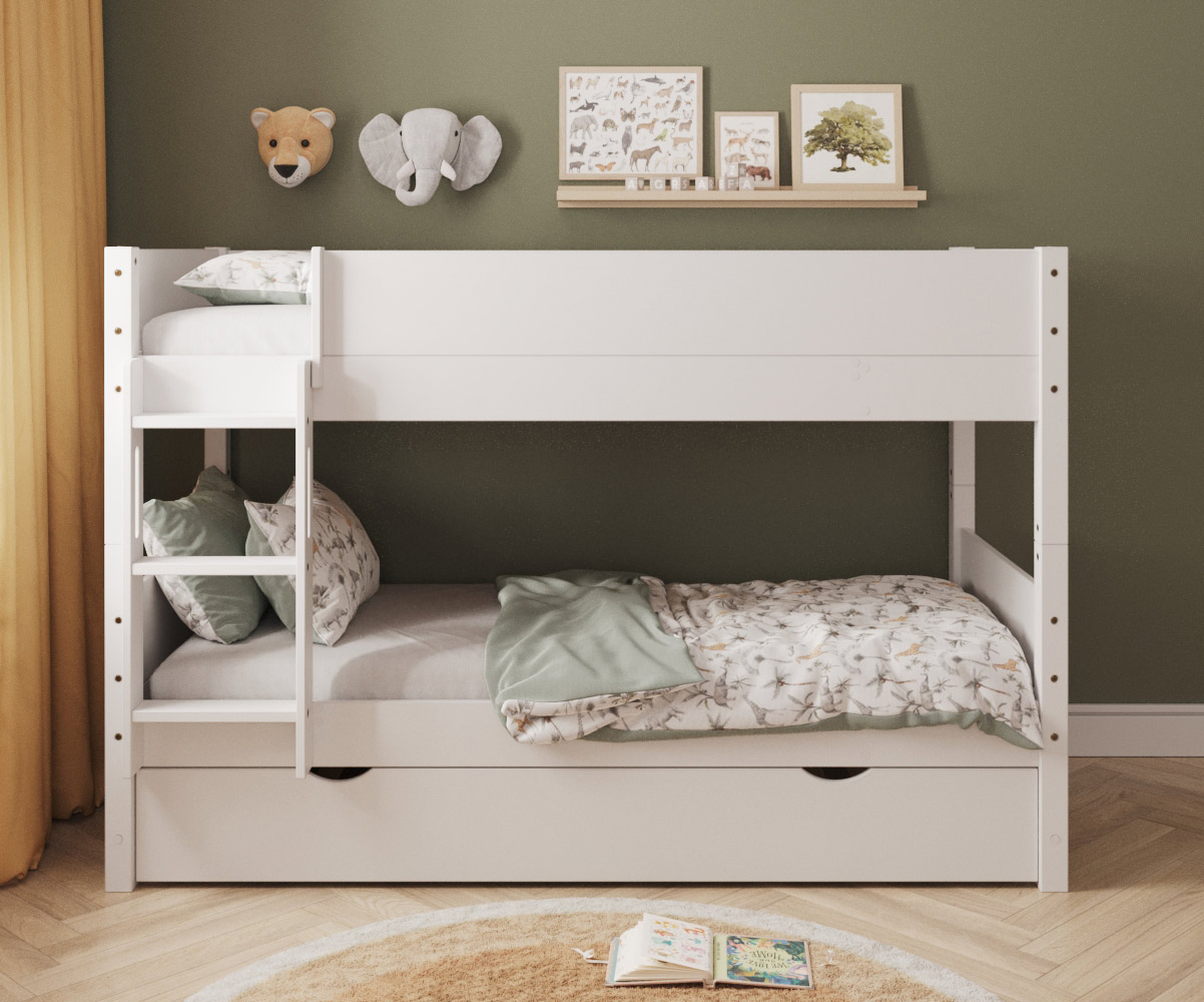 Lit superpos blanc Combeebed bas avec echelle grand cot et tiroir