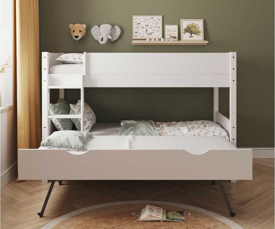 Lit superpos blanc Combeebed bas avec echelle grand cot et sommier gigogne ouvert