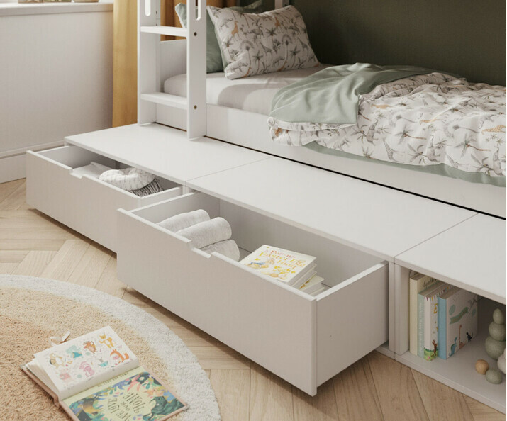 Zoom sur l'estrade de rangement blanche