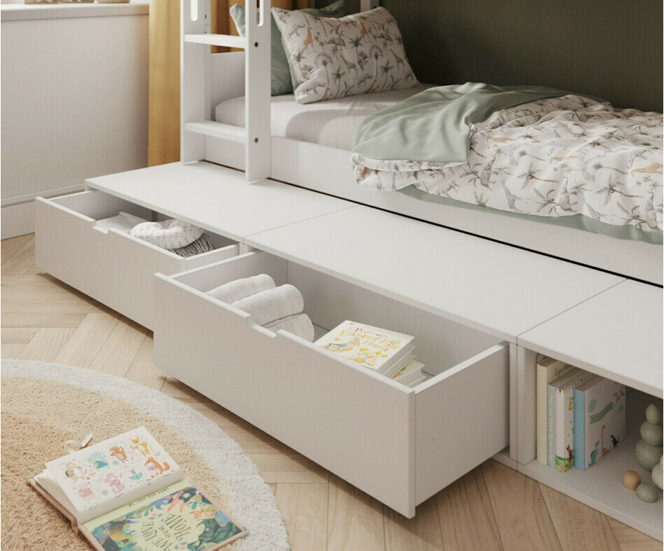 Zoom sur l'estrade de rangement blanche
