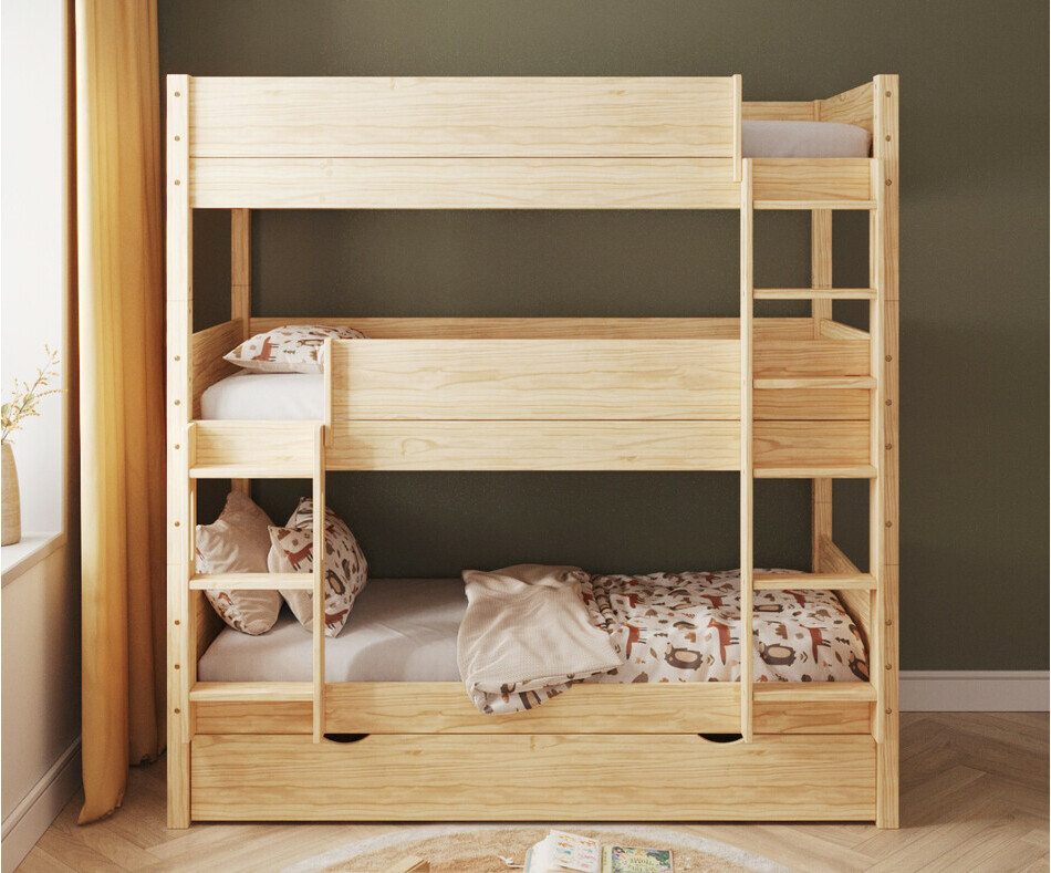 Lit superposé 3 places gigogne bois avec echelle grand côté de face Lit superposé 3 places gigogne bois avec echelle grand côté de face