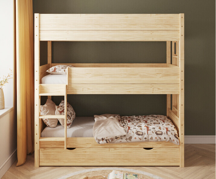 Lit superposé bois 3 couchages échelle petit côté avec gigogne de face Lit superposé bois 3 couchages échelle petit côté avec gigogne de face