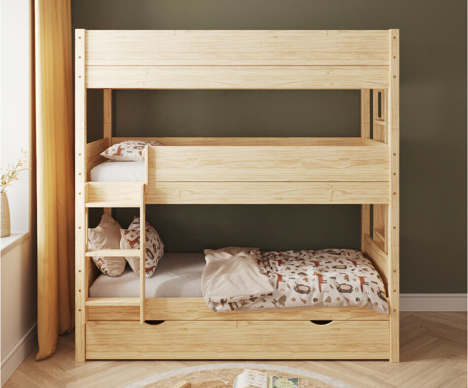 Lit superposé bois 3 couchages échelle petit côté avec gigogne de face Lit superposé bois 3 couchages échelle petit côté avec gigogne de face