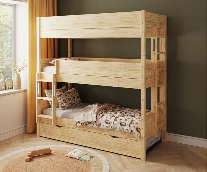Lit superposé bois 3 couchages échelle petit côté avec gigogne de 3/4 Lit superposé bois 3 couchages échelle petit côté avec gigogne de 3/4