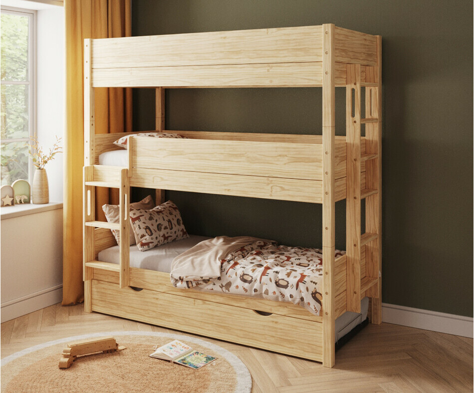 Lit superposé bois 3 couchages échelle petit côté avec gigogne de 3/4 Lit superposé bois 3 couchages échelle petit côté avec gigogne de 3/4