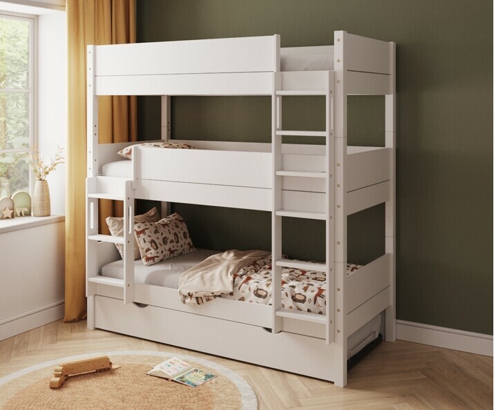 Lit superposé blanc 3 couchages échelle grand côté avec gigogne de 3/4 Lit superposé blanc 3 couchages échelle grand côté avec gigogne de 3/4