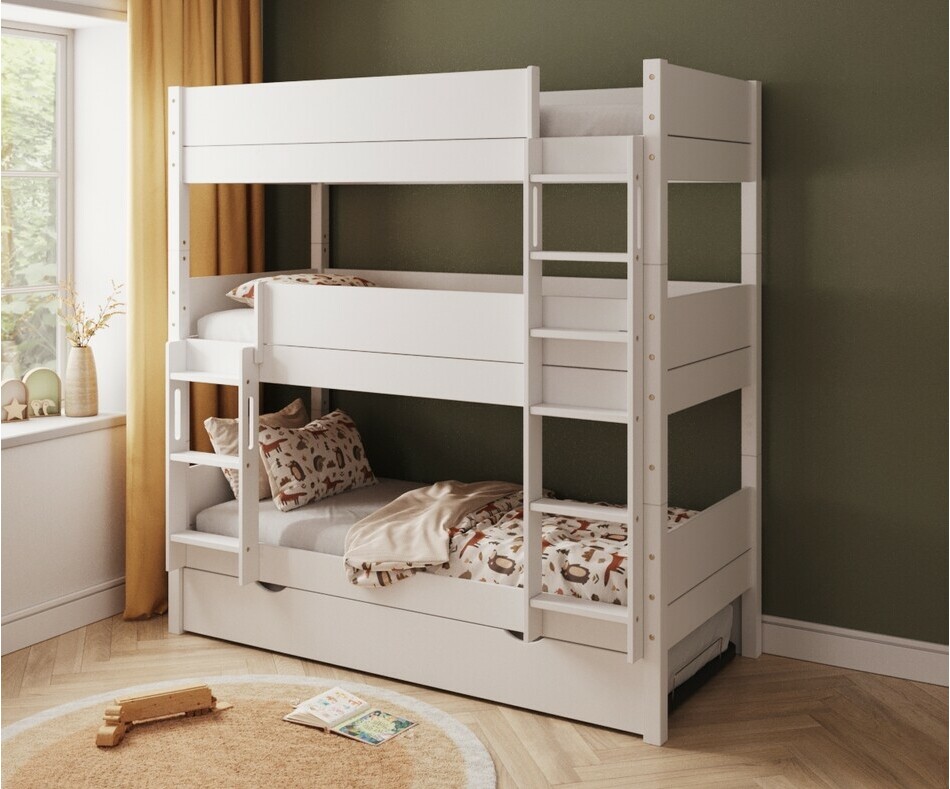 Lit superposé blanc 3 couchages échelle grand côté avec gigogne de 3/4 Lit superposé blanc 3 couchages échelle grand côté avec gigogne de 3/4