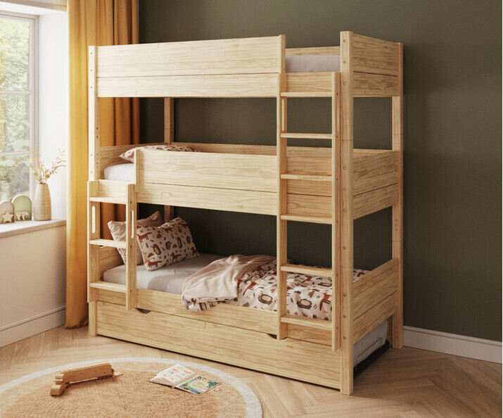 Lit superposé bois 3 couchages échelle grand côté avec gigogne de 3/4 Lit superposé bois 3 couchages échelle grand côté avec gigogne de 3/4