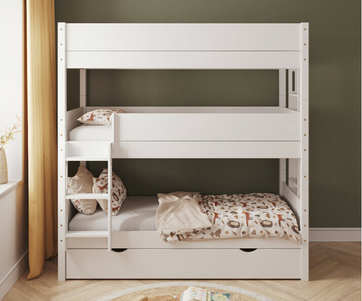 Lit superposé blanc 3 couchages échelle petit côté avec gigogne de face Lit superposé blanc 3 couchages échelle petit côté avec gigogne de face