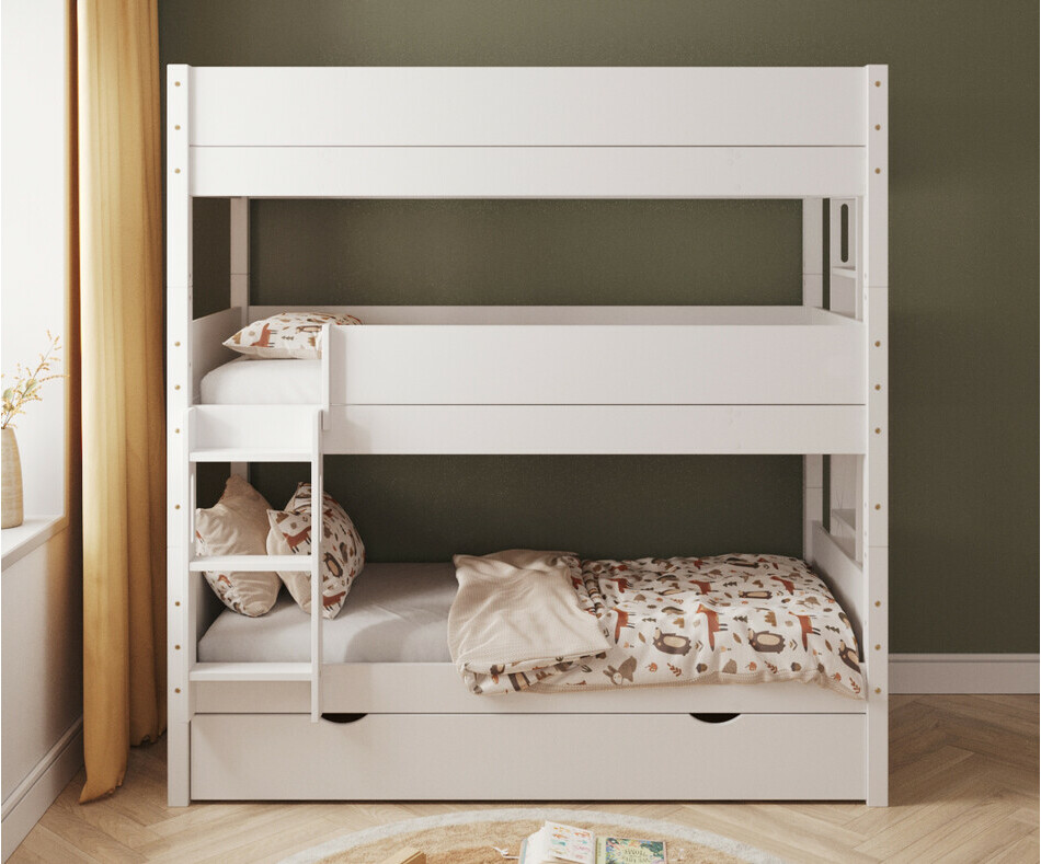 Lit superposé blanc 3 couchages échelle petit côté avec gigogne de face Lit superposé blanc 3 couchages échelle petit côté avec gigogne de face