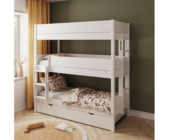 Lit superposé blanc 3 couchages échelle petit côté avec gigogne de 3/4 Lit superposé blanc 3 couchages échelle petit côté avec gigogne de 3/4