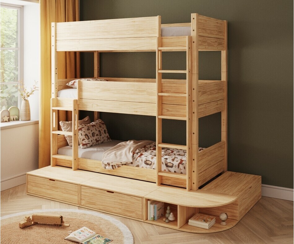 Lit superposé bois 3 couchages + estrade - échelle grand côté Lit superposé bois 3 couchages + estrade - échelle grand côté