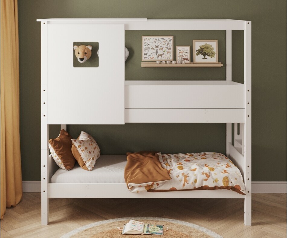 Lit superposé cabane blanc échelle petit côté + toit et porte Lit superposé cabane blanc échelle petit côté + toit et porte