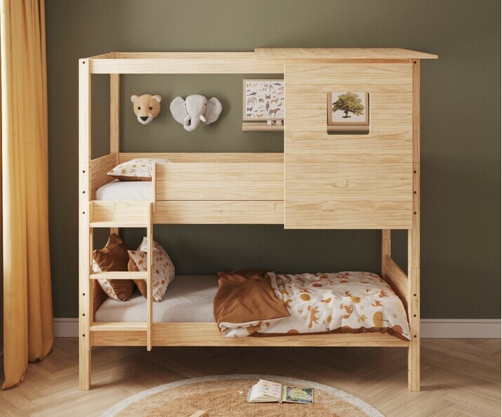 Lit superposé cabane bois échelle grand côté + toit et porte Lit superposé cabane bois échelle grand côté + toit et porte