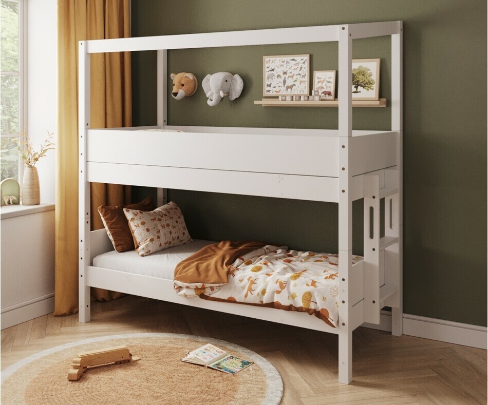 Lit superposé cabane blanc échelle petit côté + matelas Lit superposé cabane blanc échelle petit côté + matelas