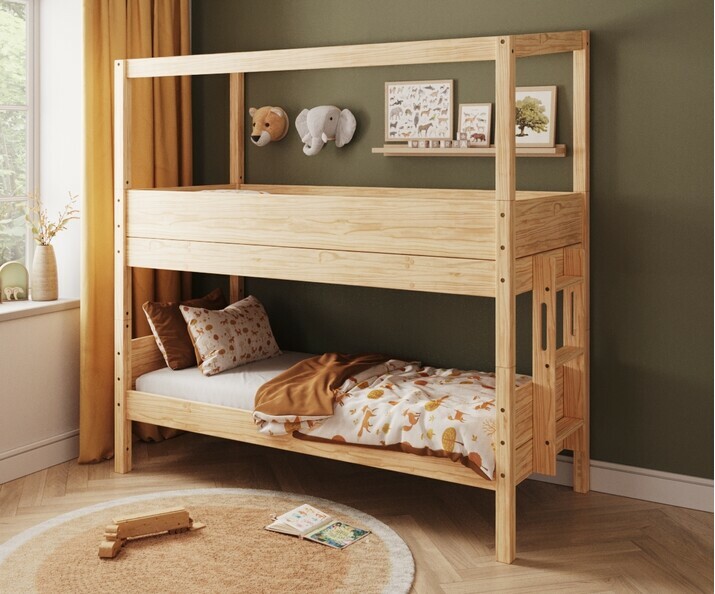 Lit superposé cabane bois échelle petit côté + matelas Lit superposé cabane bois échelle petit côté + matelas