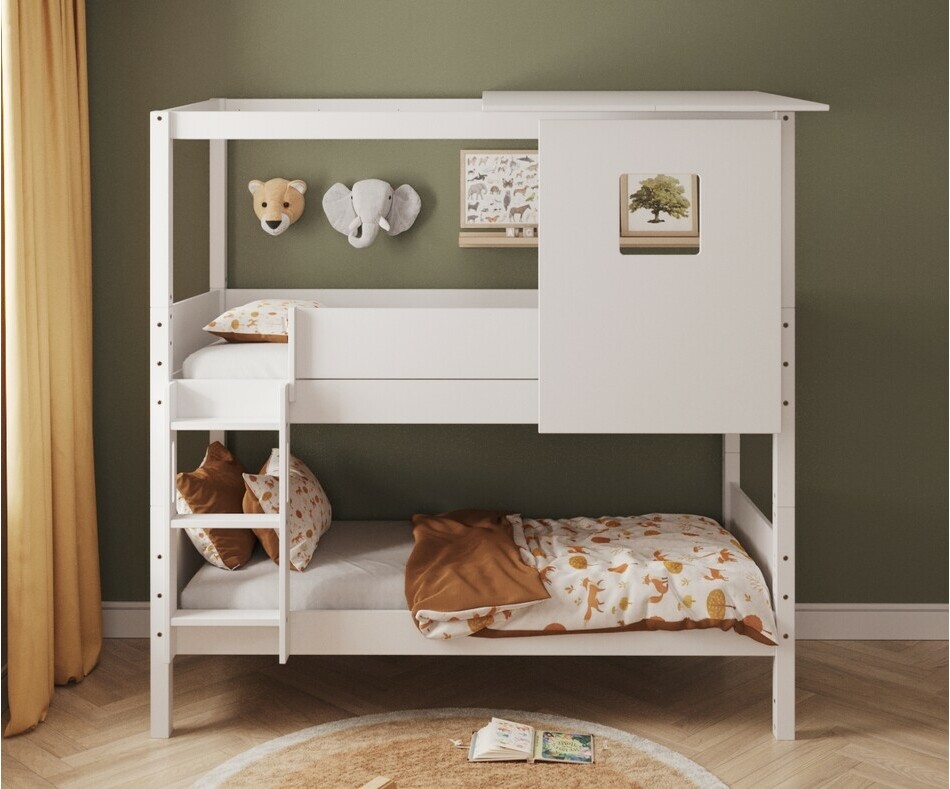 Lit superposé cabane blanc échelle grand côté + toit et porte + matelas Lit superposé cabane blanc échelle grand côté + toit et porte + matelas