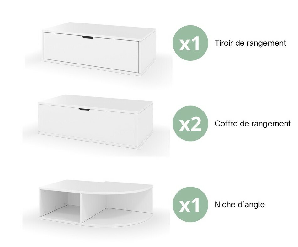Kit estrade blanc : 1 tiroir + 2 coffres + 1 niche d'angle