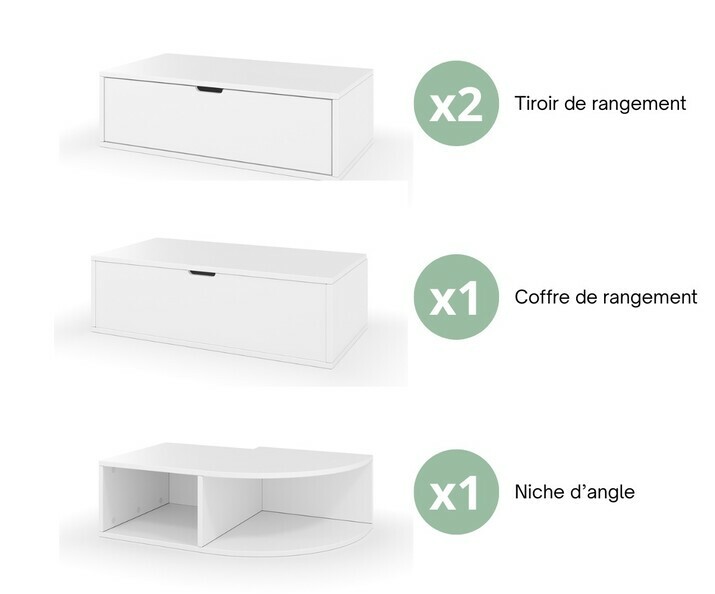 Kit estrade blanc : 2 tiroirs + 1 coffre + 1 niche d'angle