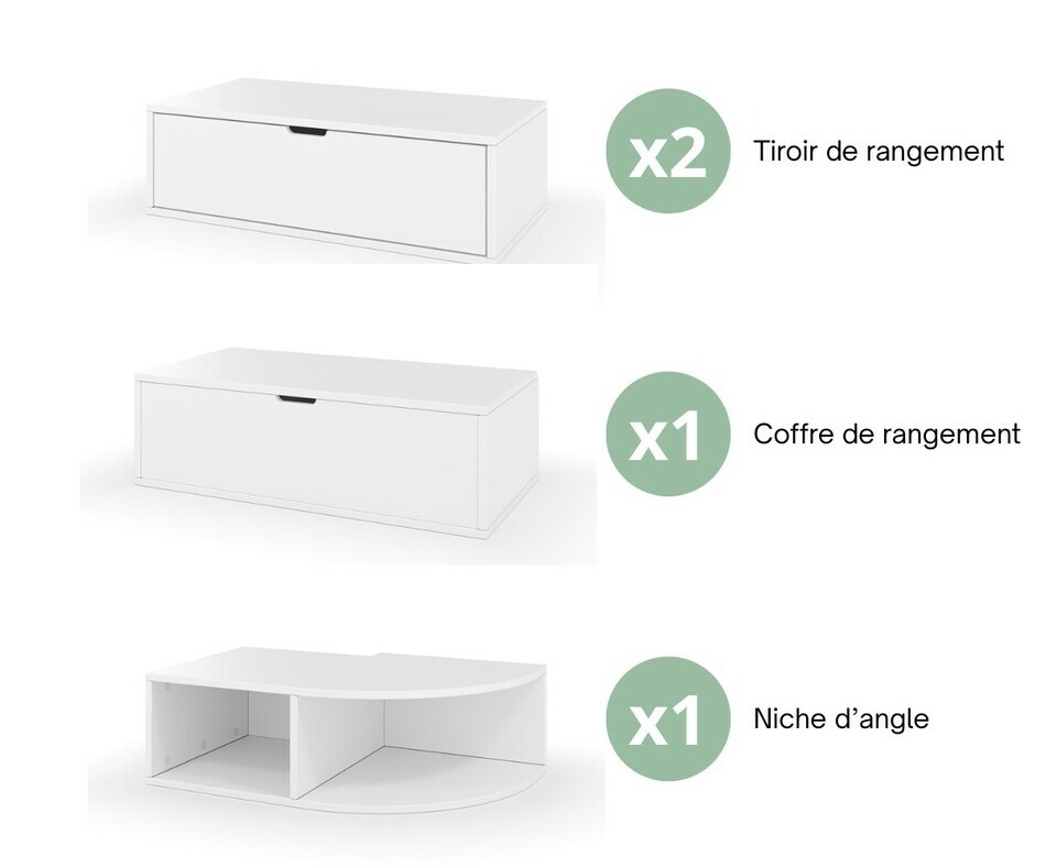 Kit estrade blanc : 2 tiroirs + 1 coffre + 1 niche d'angle