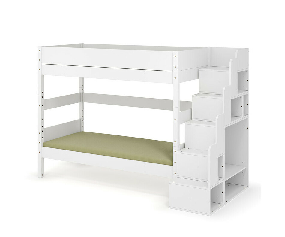 Lit blanc superpos� Combeebed avec escalier vue de 3/4 + matelas