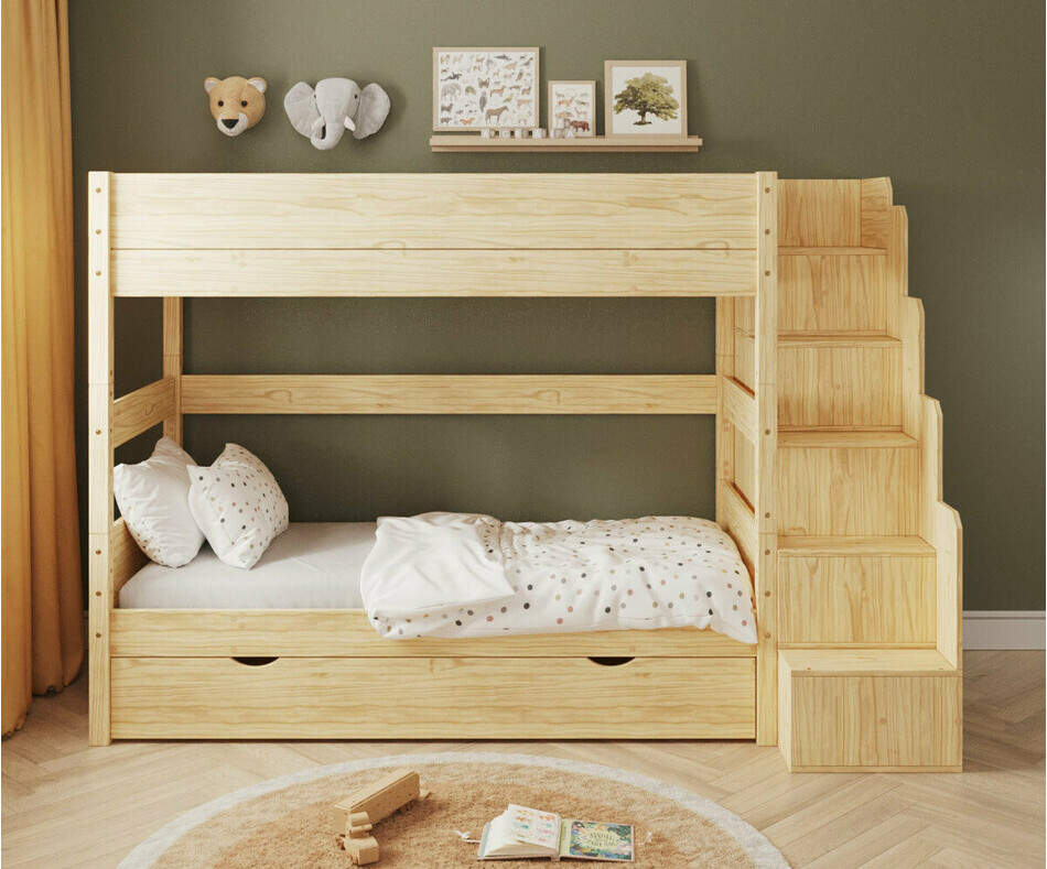 Lit Combeebed superpos� avec escalier bois avec sommier gigogne - vue de face