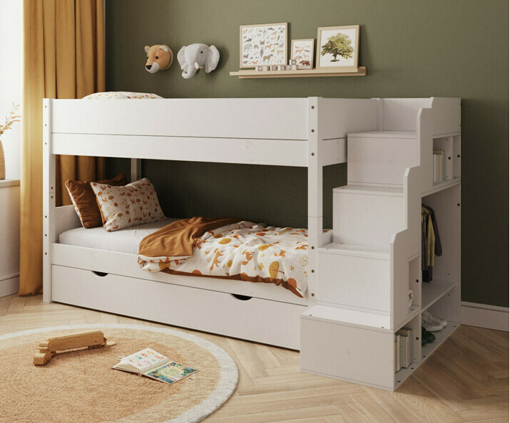 Lit superpos� blanc avec escalier version basse + sommier gigogne - vue de 3/4