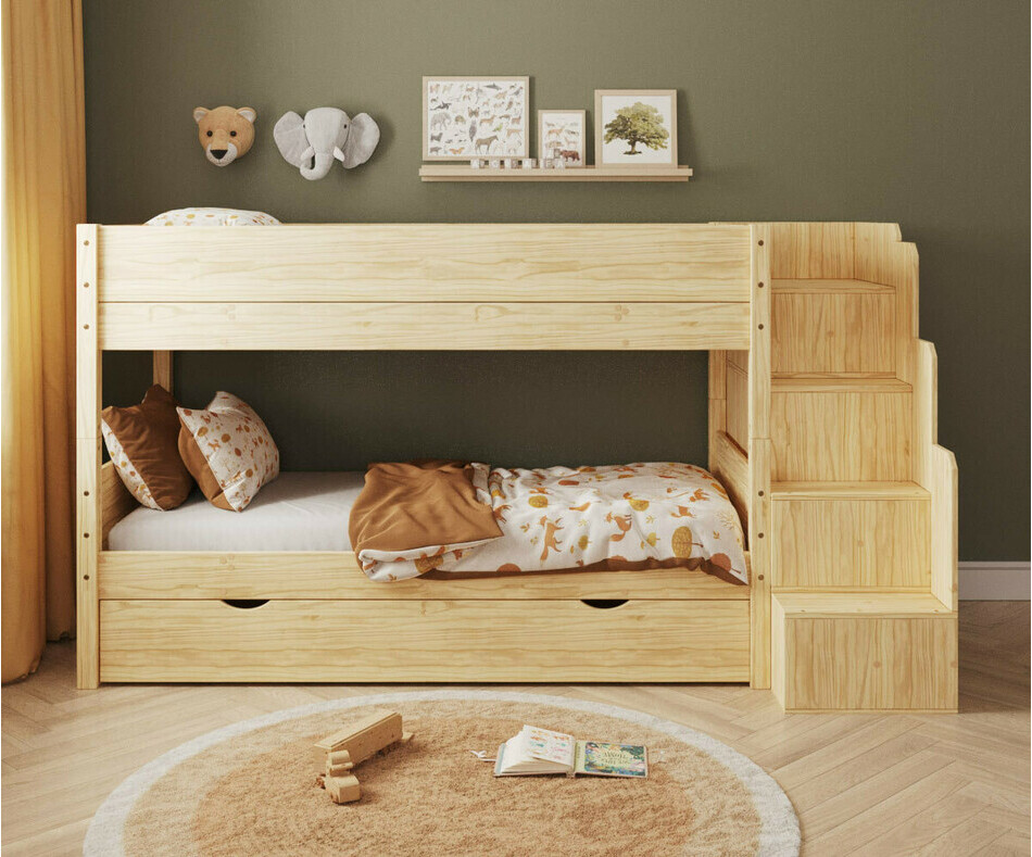 Lit superpos� bois avec escalier version basse + sommier gigogne inclus