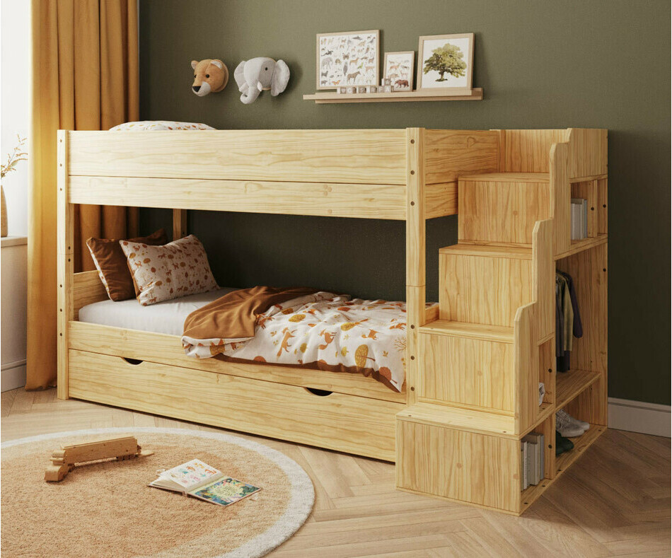 Lit superpos� bois avec escalier version basse + sommier gigogne - vue de 3/4