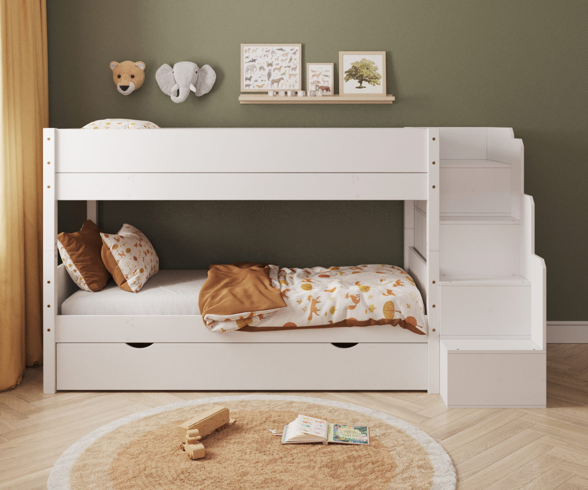 Lit superpos� blanc avec escalier version basse + sommier gigogne inclus