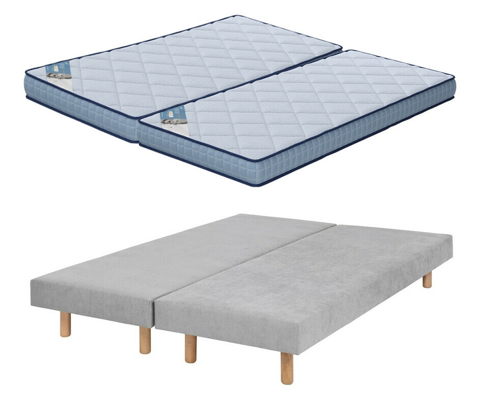 Lot de 2 sommier enfant gris, pieds bois - matelas Loona 80x200 cm