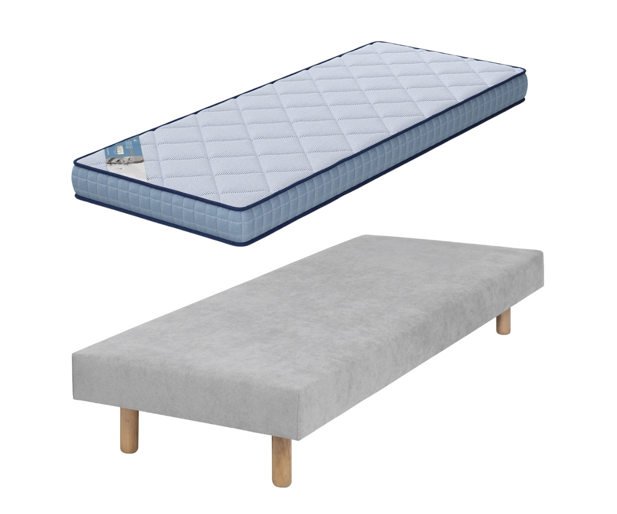 Sommier gris Hisso avec pieds bois et matelas Loona 80x200