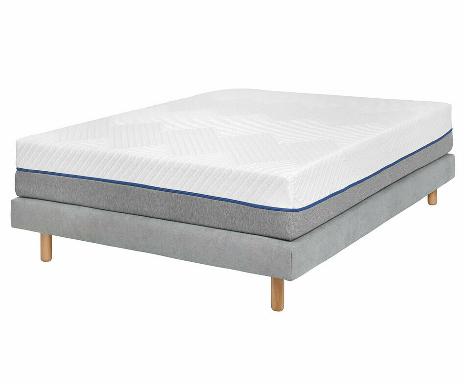 Pack sommier tapissier gris, pieds bois et matelas 