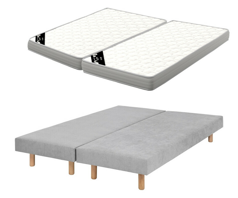 Lot de 2 sommier adulte gris, pieds bois - matelas Airfresh